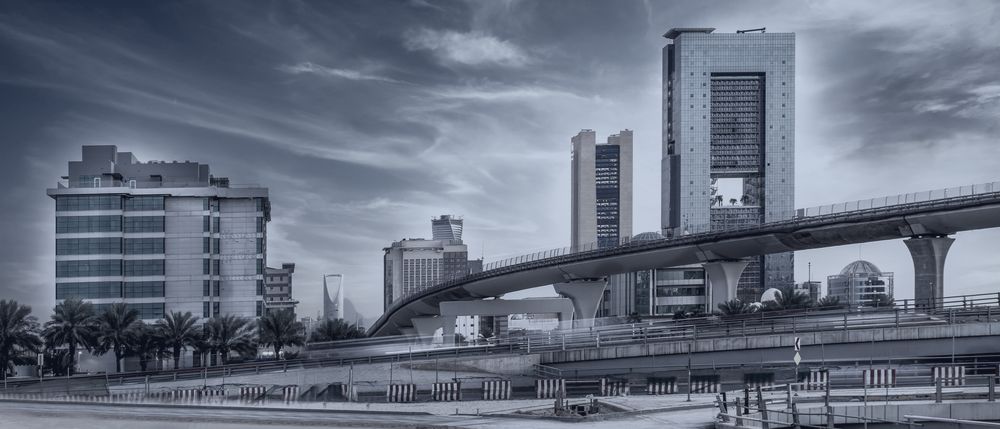 Modern towers and an elevated roadway in central Riyadh.