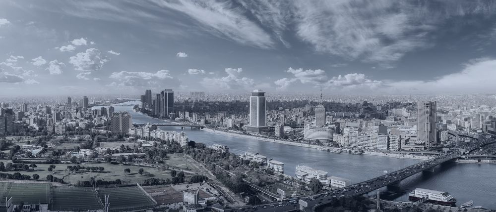 Aerial panorama of Cairo and the Nile, Egypt.