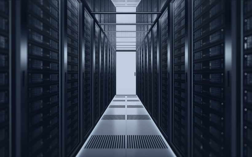 Aisle between rows of server cabinets.